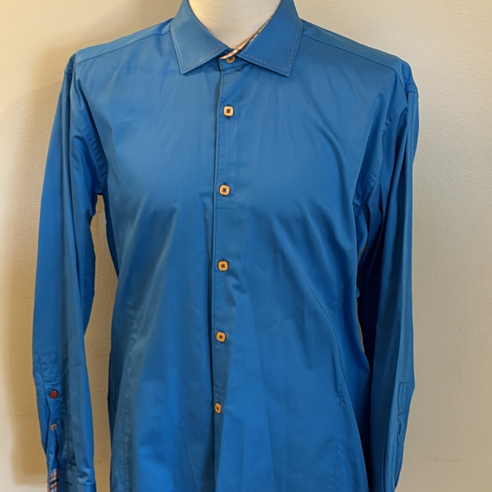Vintage Stone Rose M 100% Cotton Royal Blue Long Sleeve Orange Plaid detail.